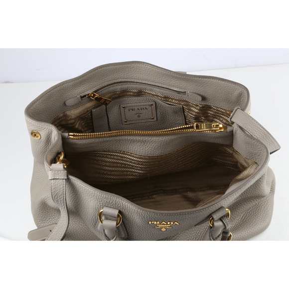 PRADA Vitello Daino Tote Taupe Gray Pebbled Grained Leather Shoulder Strap Bag - Picture 15 of 16